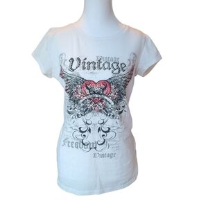 Eevee White Black Embellished Rhinestones Red Heart With Wings Fitted Tee Shirt